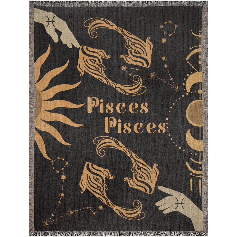 Pisces and Pisces Zodiac Compatibility Woven Throw Tapestry - Elevate home decor with this boho-inspired, celestial charm blanket. Perfect for astrology enthusiasts, featuring Libra and Sagittarius sun signs, adding unique, artistic flair to your living space. Premium cotton, cozy, and decorative.