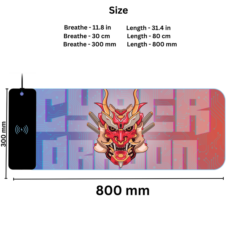 Wireless Charging Mouse Pad with RGB lighting | Waterproof | Oversized | Vibrant Prints | Cyber Dragon