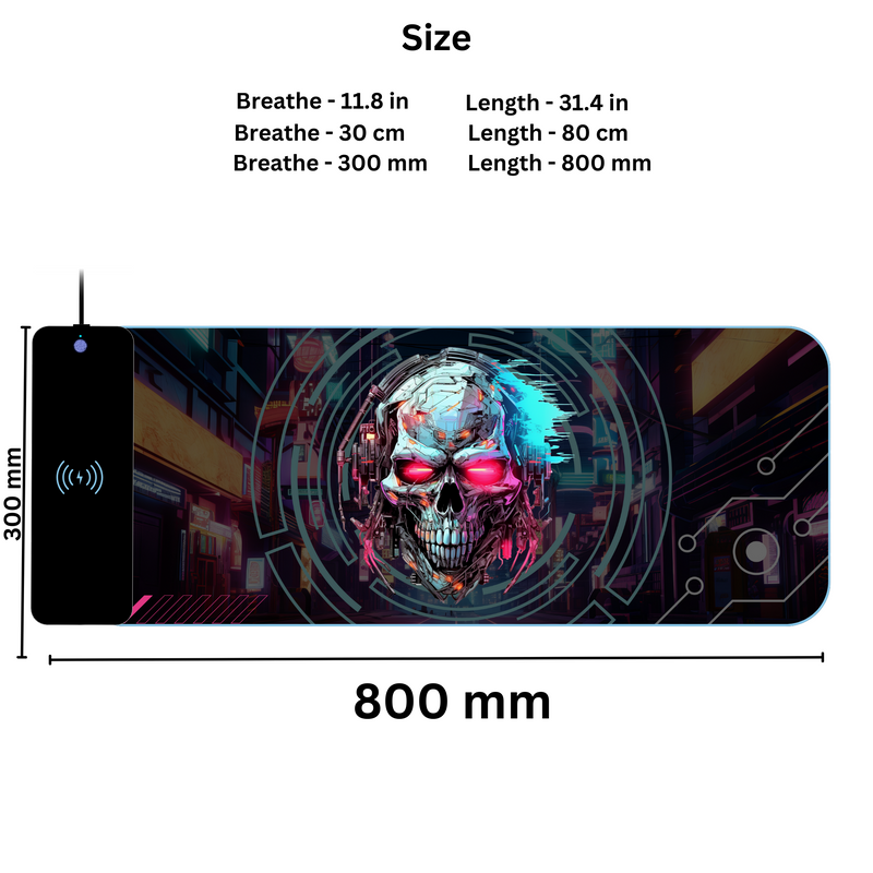 Wireless Charging Mouse Pad with RGB lighting | Waterproof | Oversized | Vibrant Prints | Cyber Skull