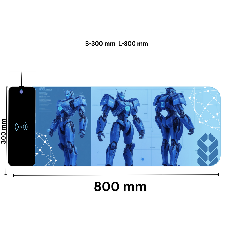 Wireless Charging Mouse Pad with RGB lighting | Waterproof | Oversized | Vibrant Prints | Cyber Mecha Blueprint