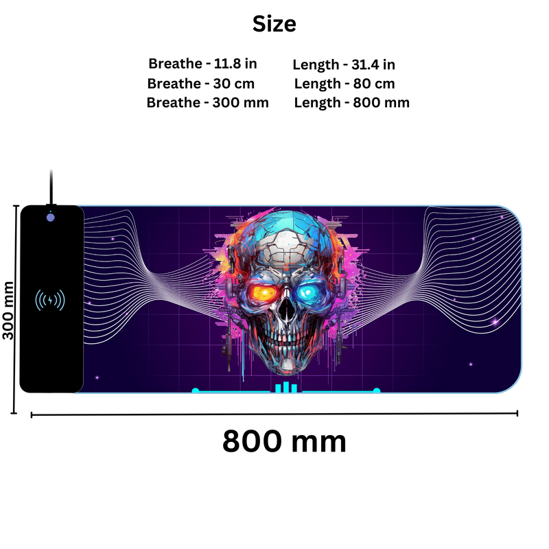 Wireless Charging Mouse Pad with RGB lighting | Waterproof | Oversized | Vibrant Prints | Cyber Neon Skull