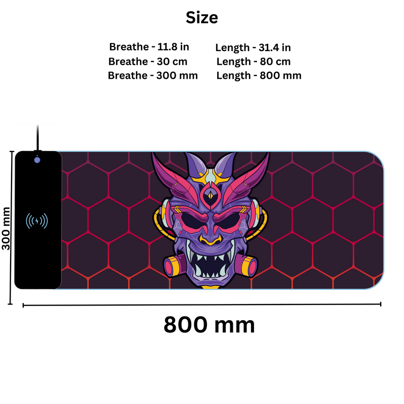 Wireless Charging Mouse Pad with RGB lighting | Waterproof | Oversized | Vibrant Prints | Japanese Oni Mask