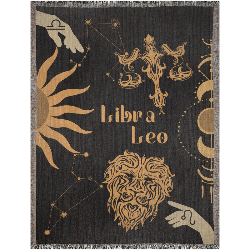 Leo and Libra Zodiac Compatibility Woven Throw Tapestry - Elevate home decor with this boho-inspired, celestial charm blanket. Perfect for astrology enthusiasts, featuring Leo and Libra sun signs, adding unique, artistic flair to your living space. Premium cotton, cozy, and decorative.