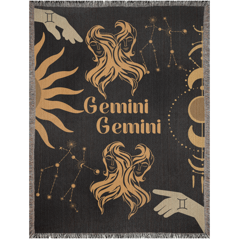 Gemini and Gemini Zodiac Compatibility Woven Throw Tapestry - Elevate home decor with this boho-inspired, celestial charm blanket. Perfect for astrology enthusiasts, featuring Gemini and Gemini sun signs, adding unique, artistic flair to your living space. Premium cotton, cozy, and decorative.