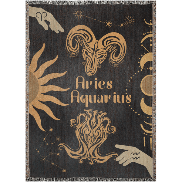 Zodiac Compatibility Match Woven Tapestry Throw Blanket | Astrology-inspired Home Decor | Aries & Aquarius Horoscope