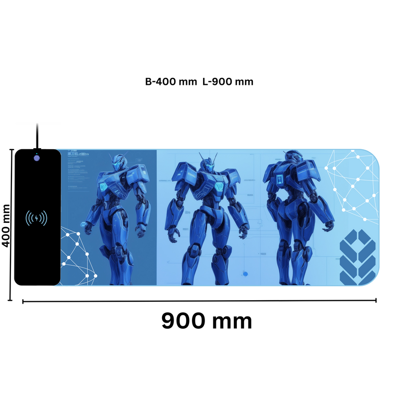 Wireless Charging Mouse Pad with RGB lighting | Waterproof | Oversized | Vibrant Prints | Cyber Mecha Blueprint