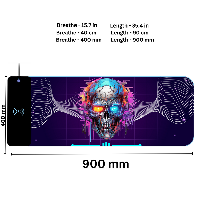 Wireless Charging Mouse Pad with RGB lighting | Waterproof | Oversized | Vibrant Prints | Cyber Neon Skull