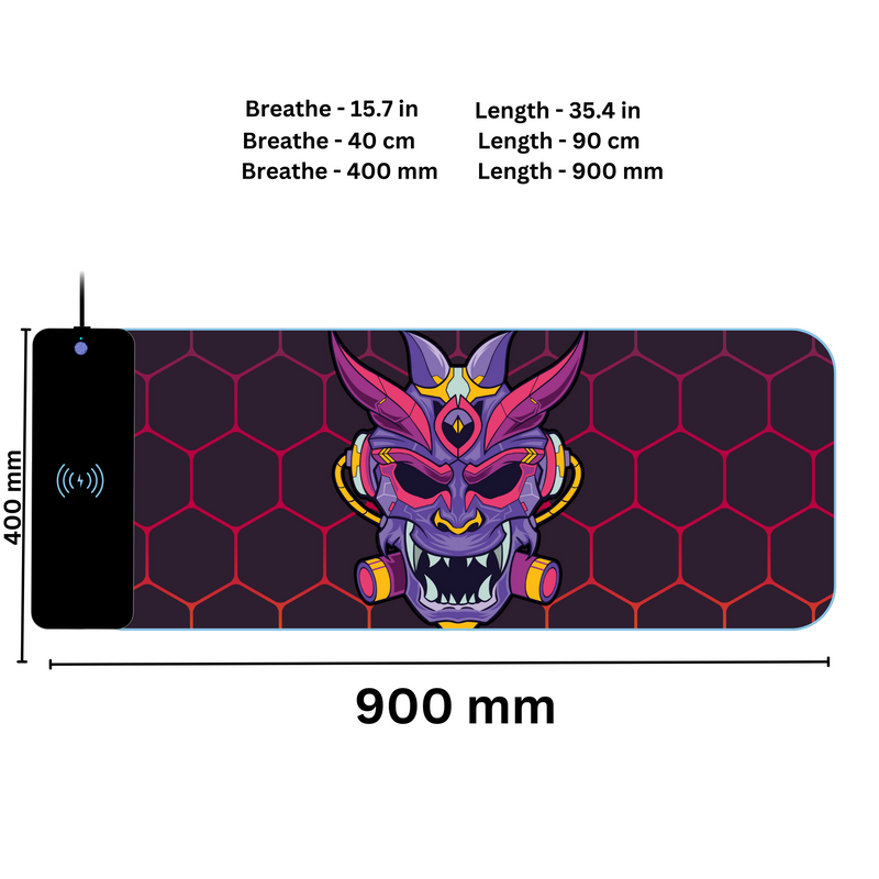 Wireless Charging Mouse Pad with RGB lighting | Waterproof | Oversized | Vibrant Prints | Japanese Oni Mask