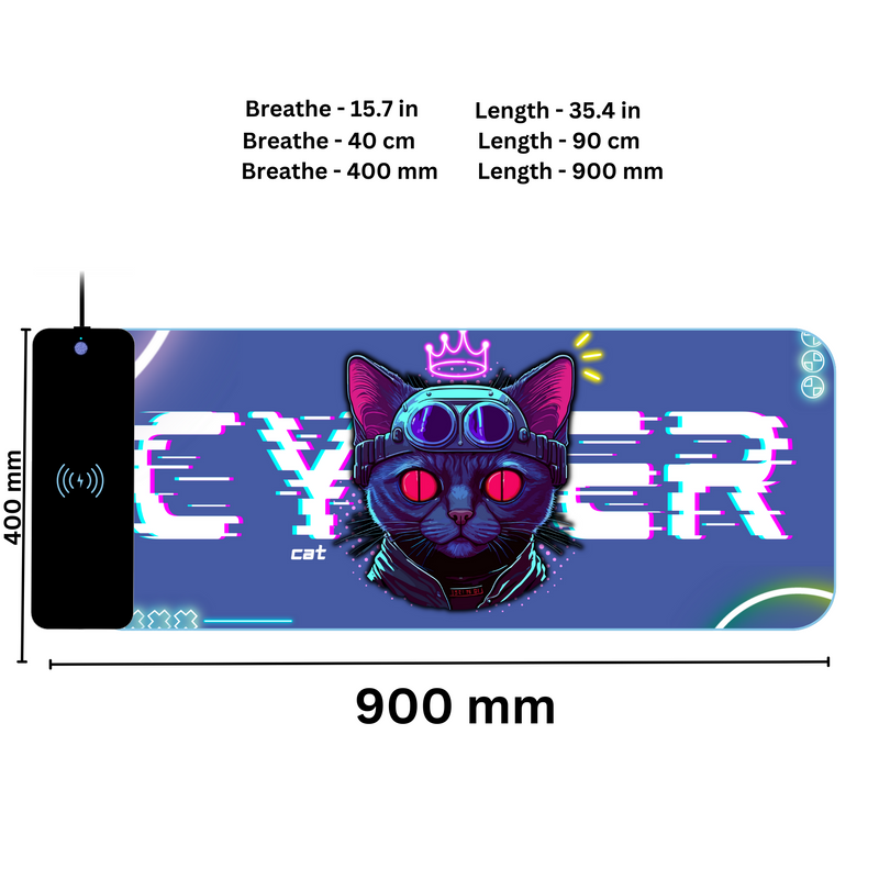 Wireless Charging Mouse Pad with RGB lighting | Waterproof | Oversized | Vibrant Prints | Cyber Cat