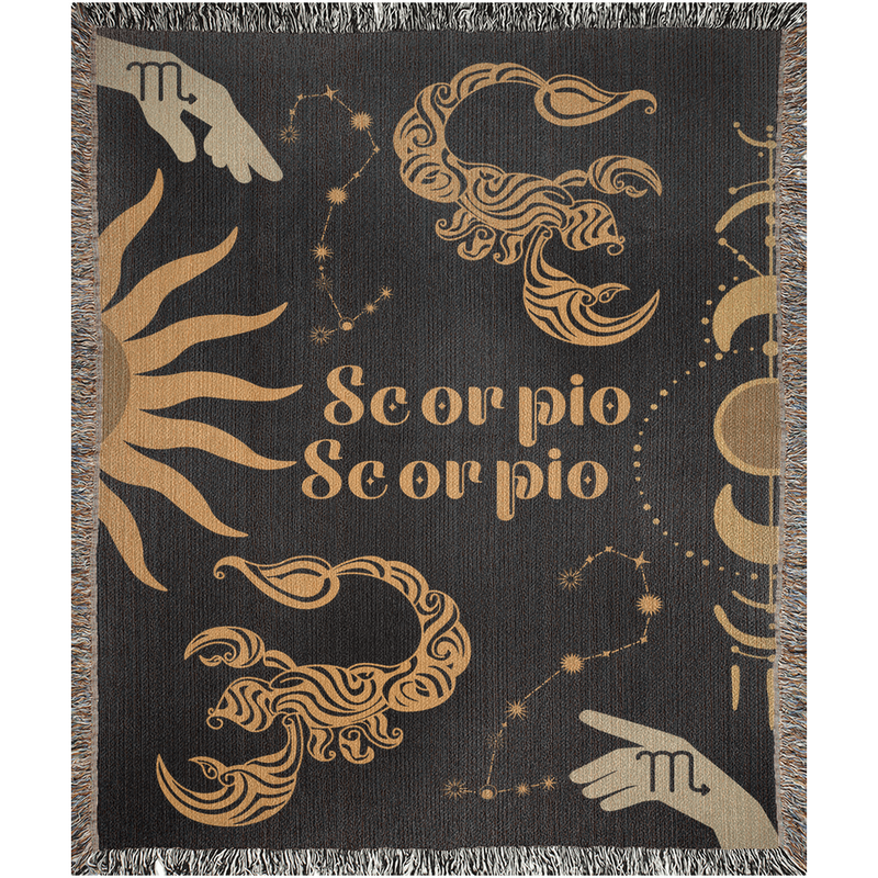 Scorpio and Scorpio Zodiac Compatibility Woven Throw Tapestry - Elevate home decor with this boho-inspired, celestial charm blanket. Perfect for astrology enthusiasts, featuring Scorpio and Scorpio sun signs, adding unique, artistic flair to your living space. Premium cotton, cozy, and decorative.