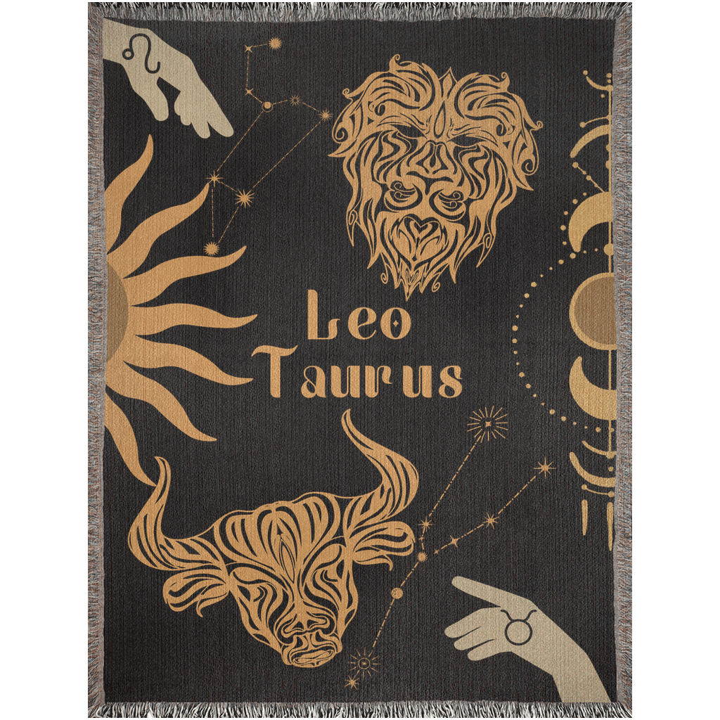 Taurus and Leo Zodiac Compatibility Woven Throw Tapestry - Elevate home decor with this boho-inspired, celestial charm blanket. Perfect for astrology enthusiasts, featuring Taurus and Leo sun signs, adding unique, artistic flair to your living space. Premium cotton, cozy, and decorative.