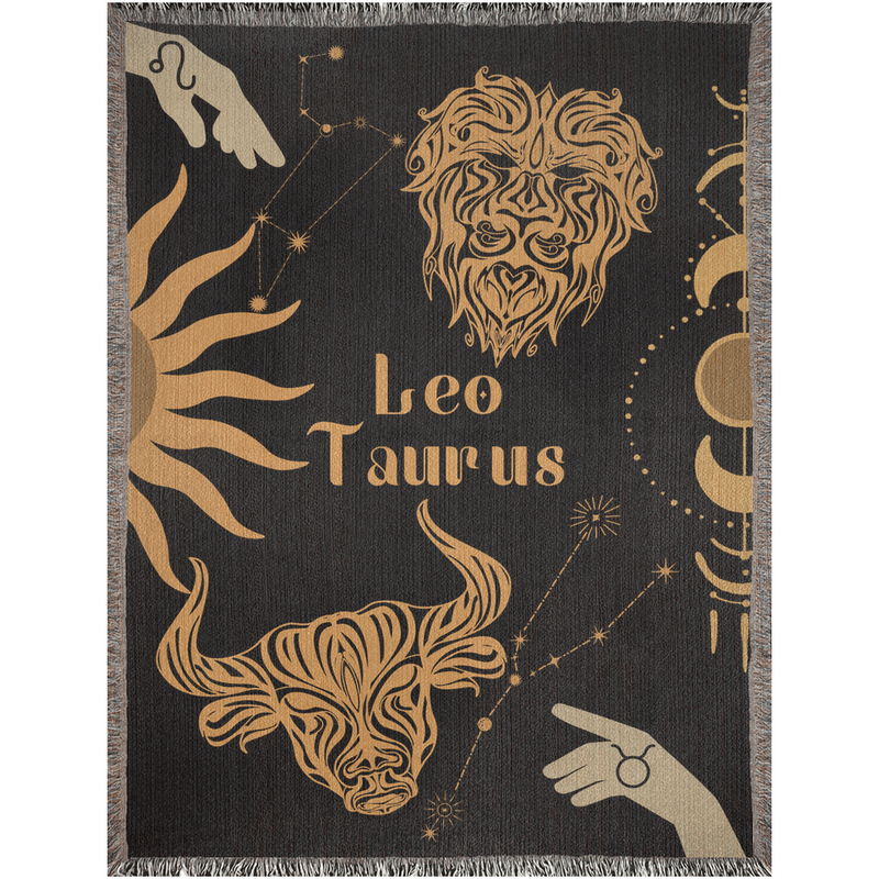 Taurus and Leo Zodiac Compatibility Woven Throw Tapestry - Elevate home decor with this boho-inspired, celestial charm blanket. Perfect for astrology enthusiasts, featuring Taurus and Leo sun signs, adding unique, artistic flair to your living space. Premium cotton, cozy, and decorative.