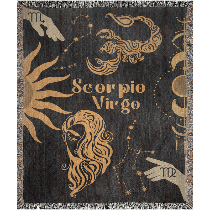 Virgo and Scorpio Zodiac Compatibility Woven Throw Tapestry - Elevate home decor with this boho-inspired, celestial charm blanket. Perfect for astrology enthusiasts, featuring Virgo and Scorpio sun signs, adding unique, artistic flair to your living space. Premium cotton, cozy, and decorative.