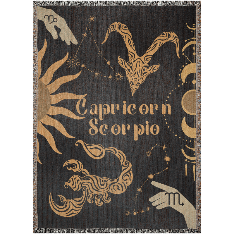 Capricorn and Scorpio Zodiac Compatibility Woven Throw Tapestry - Elevate home decor with this boho-inspired, celestial charm blanket. Perfect for astrology enthusiasts, featuring Capricorn and Scorpio sun signs, adding unique, artistic flair to your living space. Premium cotton, cozy, and decorative.