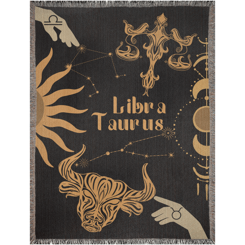 Taurus and Libra Zodiac Compatibility Woven Throw Tapestry - Elevate home decor with this boho-inspired, celestial charm blanket. Perfect for astrology enthusiasts, featuring Taurus and Libra sun signs, adding unique, artistic flair to your living space. Premium cotton, cozy, and decorative.