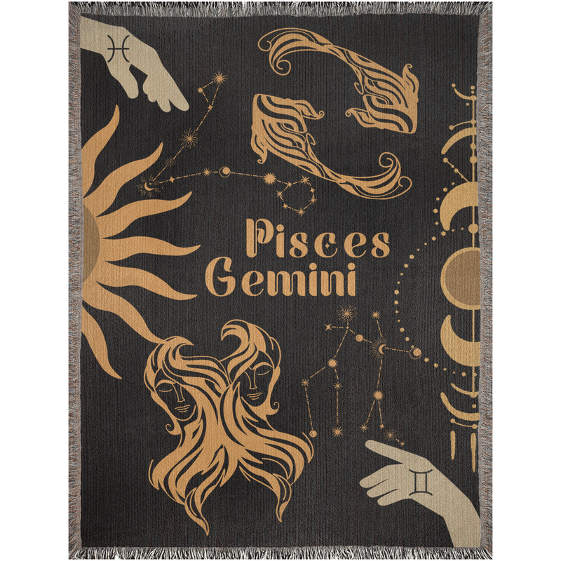 Gemini and Pisces Zodiac Compatibility Woven Throw Tapestry - Elevate home decor with this boho-inspired, celestial charm blanket. Perfect for astrology enthusiasts, featuring Gemini and Pisces sun signs, adding unique, artistic flair to your living space. Premium cotton, cozy, and decorative.