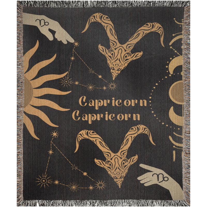 Capricorn and Capricorn Zodiac Compatibility Woven Throw Tapestry - Elevate home decor with this boho-inspired, celestial charm blanket. Perfect for astrology enthusiasts, featuring Capricorn and Capricorn sun signs, adding unique, artistic flair to your living space. Premium cotton, cozy, and decorative.