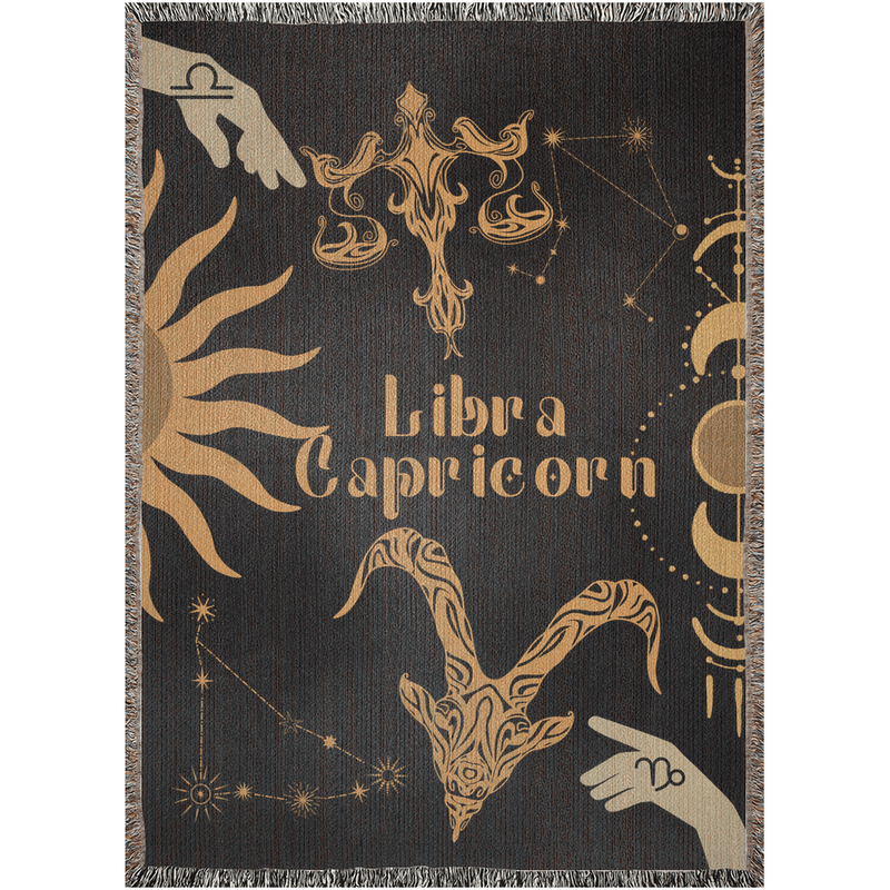 Capricorn and Libra Zodiac Compatibility Woven Throw Tapestry - Elevate home decor with this boho-inspired, celestial charm blanket. Perfect for astrology enthusiasts, featuring Capricorn and Libra sun signs, adding unique, artistic flair to your living space. Premium cotton, cozy, and decorative.