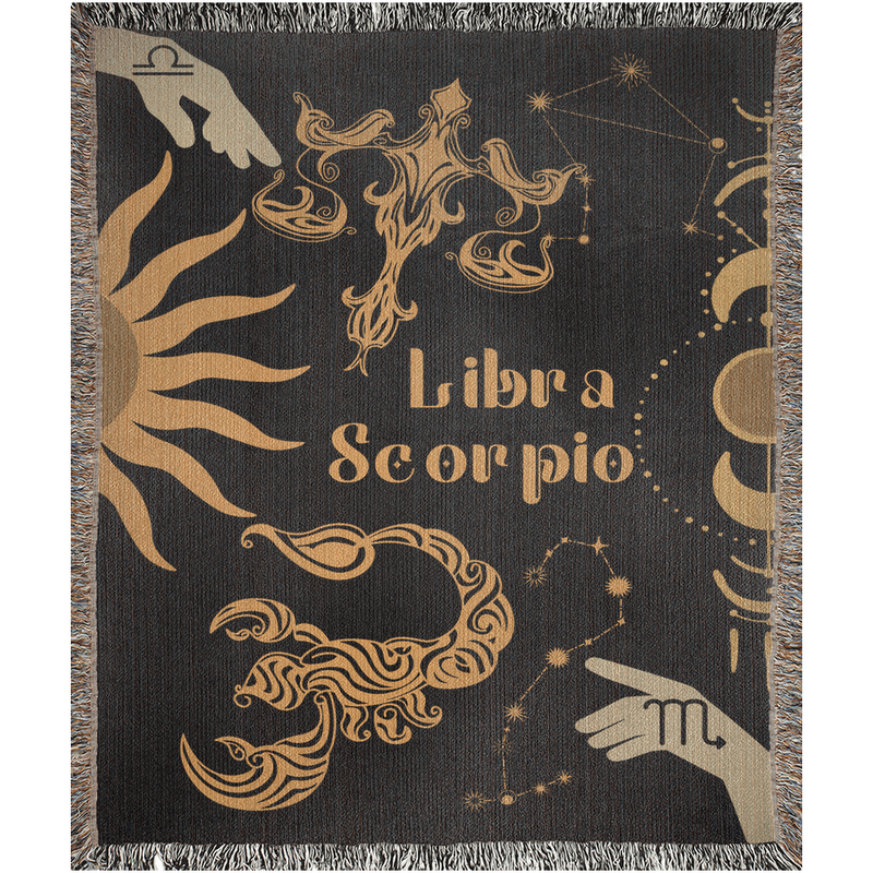 Libra and Scorpio Zodiac Compatibility Woven Throw Tapestry - Elevate home decor with this boho-inspired, celestial charm blanket. Perfect for astrology enthusiasts, featuring Libra and Scorpio sun signs, adding unique, artistic flair to your living space. Premium cotton, cozy, and decorative.