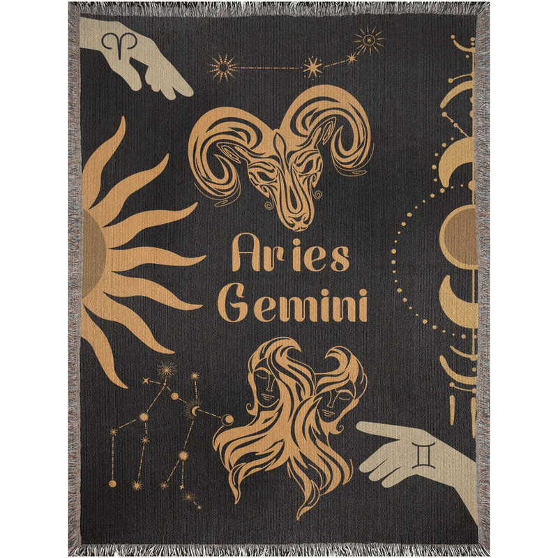 Zodiac Compatibility Match Woven Tapestry Throw Blanket | Astrology-inspired Home Decor | Aries & Gemini Horoscope