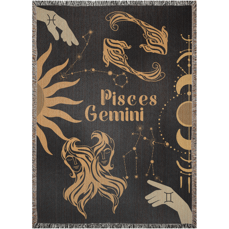 Gemini and Pisces Zodiac Compatibility Woven Throw Tapestry - Elevate home decor with this boho-inspired, celestial charm blanket. Perfect for astrology enthusiasts, featuring Gemini and Pisces sun signs, adding unique, artistic flair to your living space. Premium cotton, cozy, and decorative.