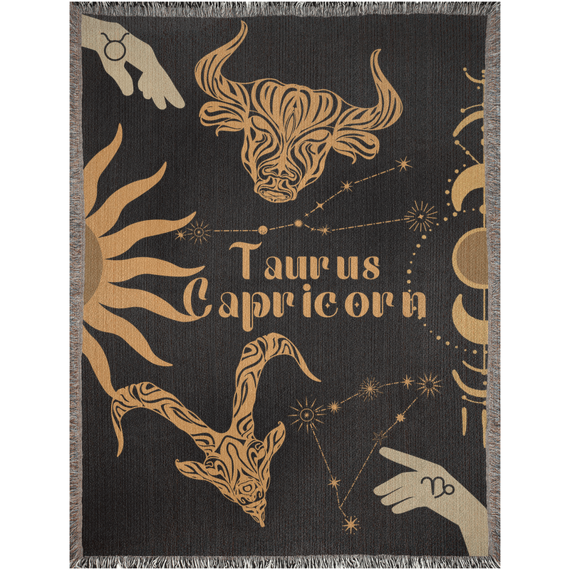 Capricorn and Taurus Zodiac Compatibility Woven Throw Tapestry - Elevate home decor with this boho-inspired, celestial charm blanket. Perfect for astrology enthusiasts, featuring Capricorn and Taurus sun signs, adding unique, artistic flair to your living space. Premium cotton, cozy, and decorative.