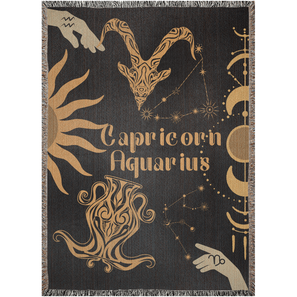 Zodiac Compatibility Match Woven Tapestry Throw Blanket | Astrology-inspired Home Decor | Capricorn & Aquarius Horoscope