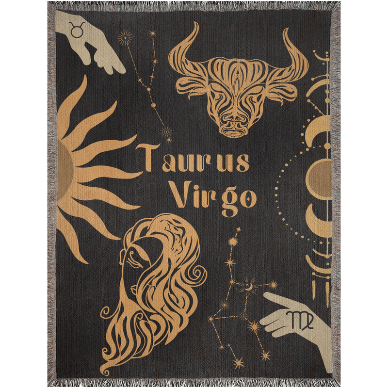 Virgo and Taurus Zodiac Compatibility Woven Throw Tapestry - Elevate home decor with this boho-inspired, celestial charm blanket. Perfect for astrology enthusiasts, featuring Virgo and Taurus sun signs, adding unique, artistic flair to your living space. Premium cotton, cozy, and decorative.