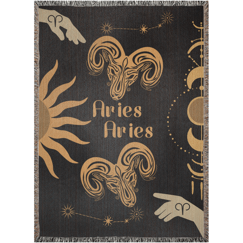 Woven tapestry throw blanket featuring the Aries and Aries zodiac symbols. Perfect for astrology enthusiasts, this cotton throw blanket adds a touch of boho style and celestial charm to your home decor.