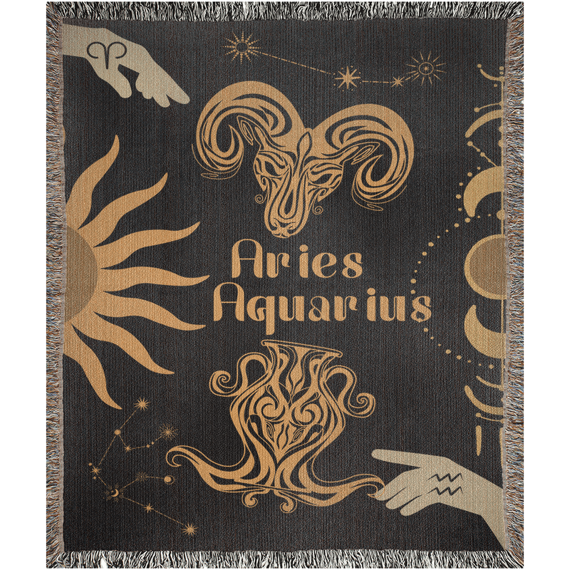 Zodiac Compatibility Match Woven Tapestry Throw Blanket | Astrology-inspired Home Decor | Aries & Aquarius Horoscope