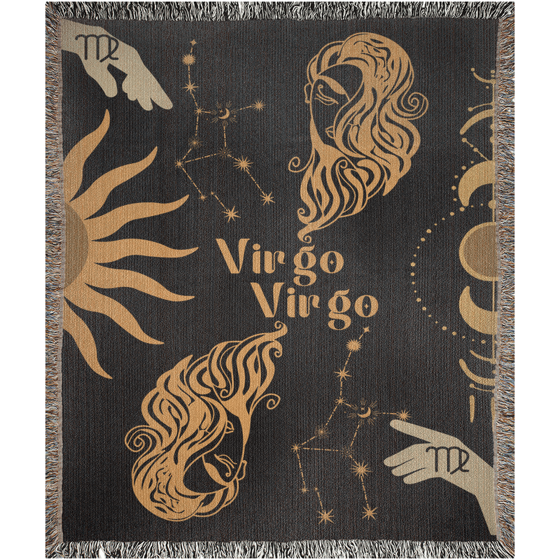 Virgo and Virgo Zodiac Compatibility Woven Throw Tapestry - Elevate home decor with this boho-inspired, celestial charm blanket. Perfect for astrology enthusiasts, featuring Virgo and Virgo sun signs, adding unique, artistic flair to your living space. Premium cotton, cozy, and decorative.