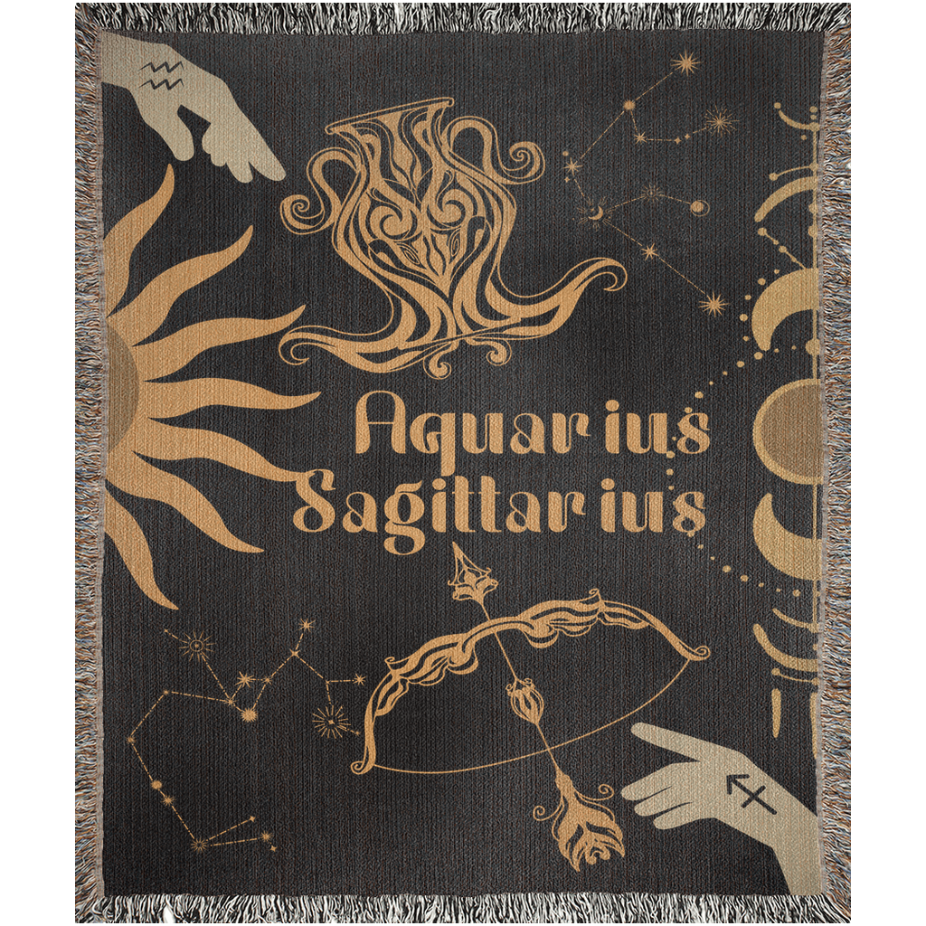 Zodiac Compatibility Match Woven Tapestry Throw Blanket | Astrology-inspired Home Decor | Aquarius & Sagittarius Horoscope