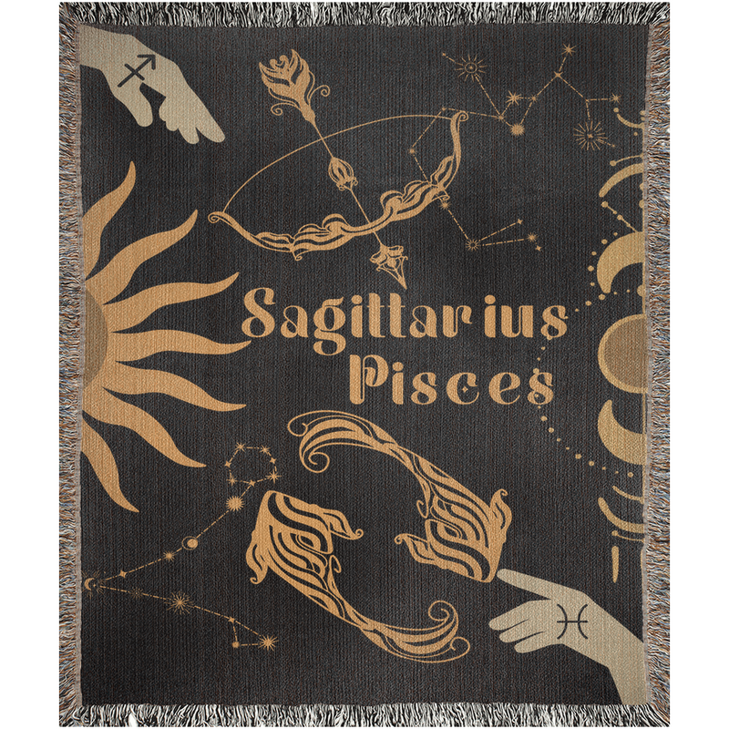 Pisces and Sagittarius Zodiac Compatibility Woven Throw Tapestry - Elevate home decor with this boho-inspired, celestial charm blanket. Perfect for astrology enthusiasts, featuring Pisces and Sagittarius sun signs, adding unique, artistic flair to your living space. Premium cotton, cozy, and decorative.