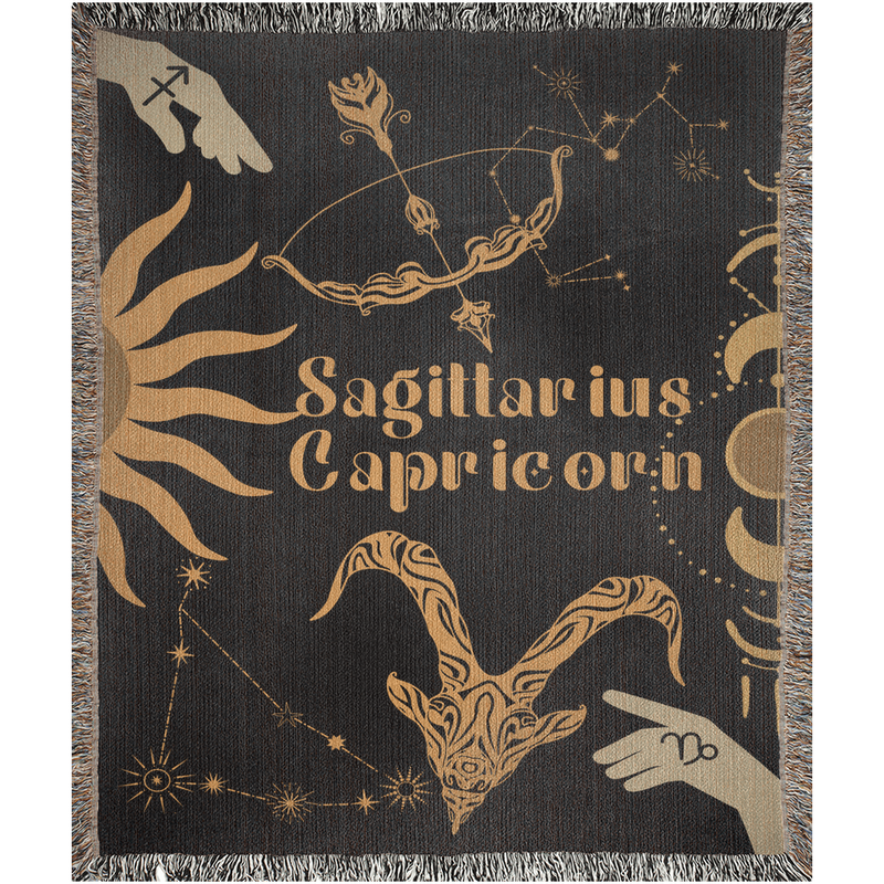 Capricorn and Sagittarius Zodiac Compatibility Woven Throw Tapestry - Elevate home decor with this boho-inspired, celestial charm blanket. Perfect for astrology enthusiasts, featuring Capricorn and Sagittarius sun signs, adding unique, artistic flair to your living space. Premium cotton, cozy, and decorative.