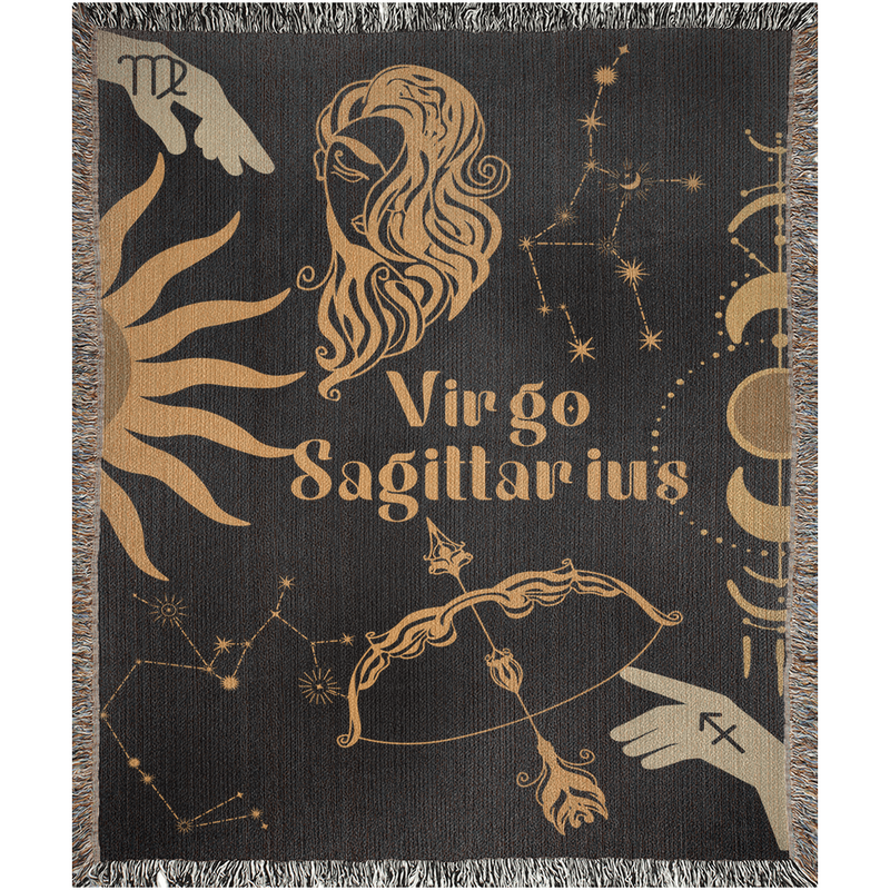 Virgo and Sagittarius Zodiac Compatibility Woven Throw Tapestry - Elevate home decor with this boho-inspired, celestial charm blanket. Perfect for astrology enthusiasts, featuring Virgo and Sagittarius sun signs, adding unique, artistic flair to your living space. Premium cotton, cozy, and decorative.