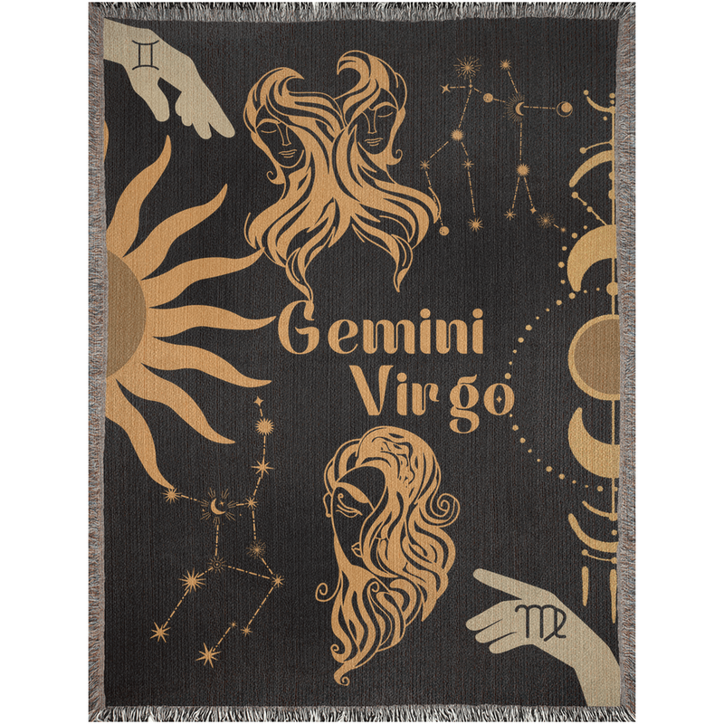 Virgo and Gemini Zodiac Compatibility Woven Throw Tapestry - Elevate home decor with this boho-inspired, celestial charm blanket. Perfect for astrology enthusiasts, featuring Virgo and Gemini sun signs, adding unique, artistic flair to your living space. Premium cotton, cozy, and decorative.