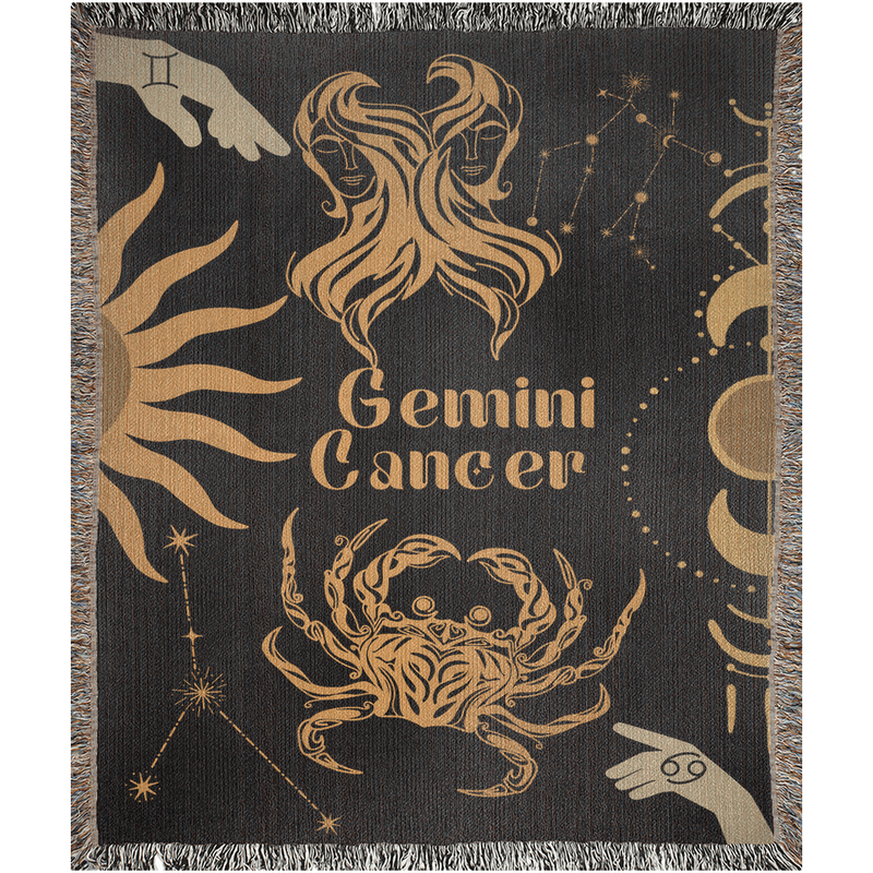 Cancer and Gemini Zodiac Compatibility Woven Throw Tapestry - Elevate home decor with this boho-inspired, celestial charm blanket. Perfect for astrology enthusiasts, featuring Aries and Gemini sun signs, adding unique, artistic flair to your living space. Premium cotton, cozy, and decorative.