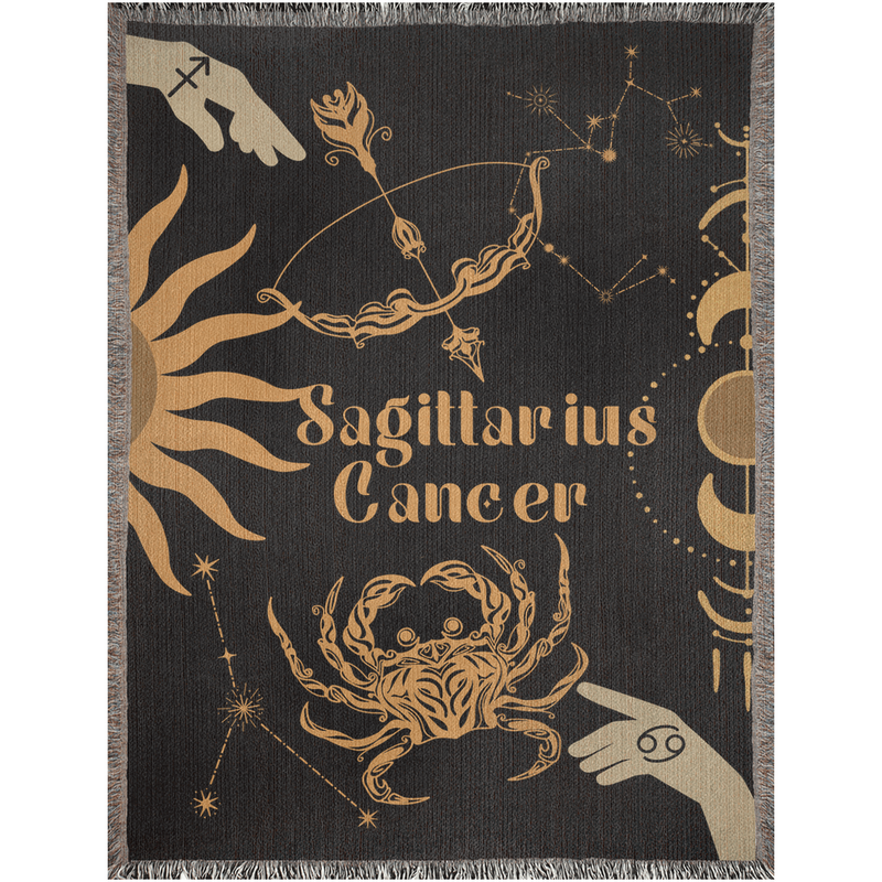 Cancer and Sagittarius Zodiac Compatibility Woven Throw Tapestry - Elevate home decor with this boho-inspired, celestial charm blanket. Perfect for astrology enthusiasts, featuring Cancer and Sagittarius sun signs, adding unique, artistic flair to your living space. Premium cotton, cozy, and decorative.