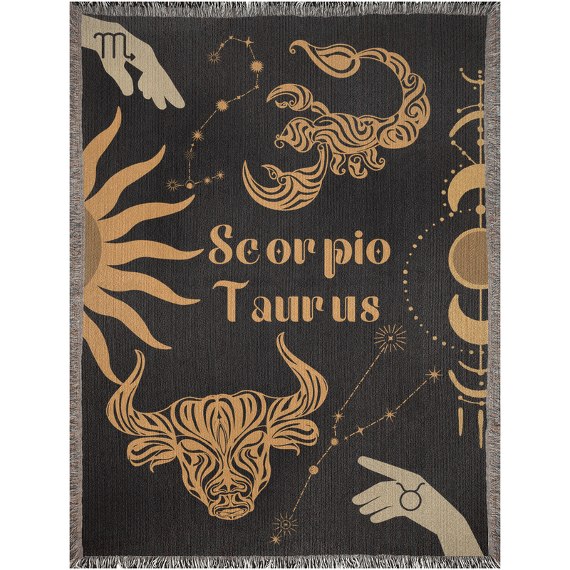 Taurus and Scorpio Zodiac Compatibility Woven Throw Tapestry - Elevate home decor with this boho-inspired, celestial charm blanket. Perfect for astrology enthusiasts, featuring Taurus and Scorpio sun signs, adding unique, artistic flair to your living space. Premium cotton, cozy, and decorative.