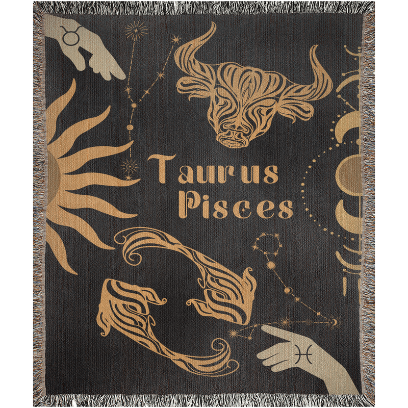 Taurus and Pisces Zodiac Compatibility Woven Throw Tapestry - Elevate home decor with this boho-inspired, celestial charm blanket. Perfect for astrology enthusiasts, featuring Taurus and Pisces sun signs, adding unique, artistic flair to your living space. Premium cotton, cozy, and decorative.