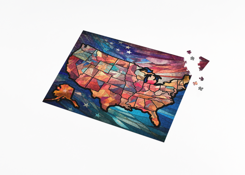 50 States of America Stained Glass wooden jigsaw puzzle displayed in a lifestyle setting