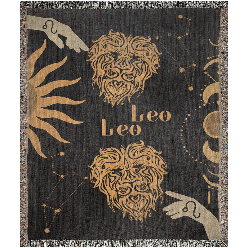 Leo and Leo Zodiac Compatibility Woven Throw Tapestry - Elevate home decor with this boho-inspired, celestial charm blanket. Perfect for astrology enthusiasts, featuring Leo and Leo sun signs, adding unique, artistic flair to your living space. Premium cotton, cozy, and decorative.