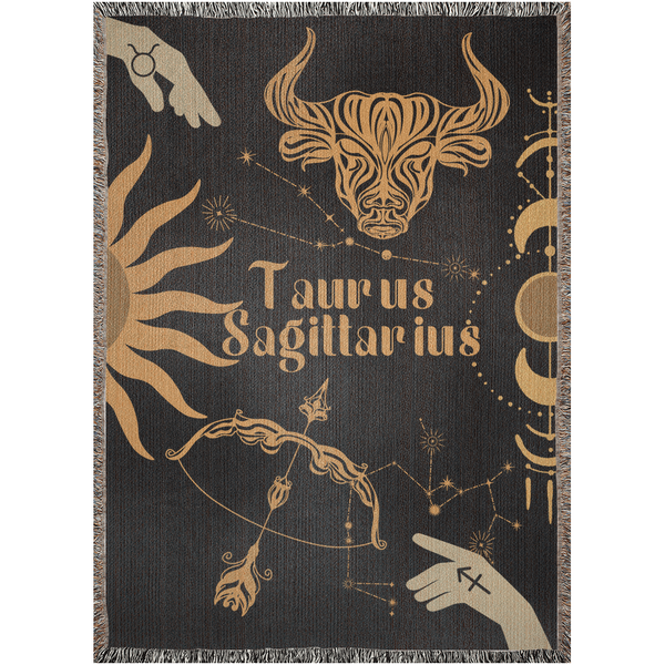 Zodiac Compatibility Match Woven Tapestry Throw Blanket | Astrology-inspired Home Decor | Taurus & Sagittarius Horoscope