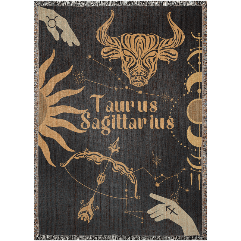 Taurus and Sagittarius Zodiac Compatibility Woven Throw Tapestry - Elevate home decor with this boho-inspired, celestial charm blanket. Perfect for astrology enthusiasts, featuring Taurus and Sagittarius sun signs, adding unique, artistic flair to your living space. Premium cotton, cozy, and decorative.