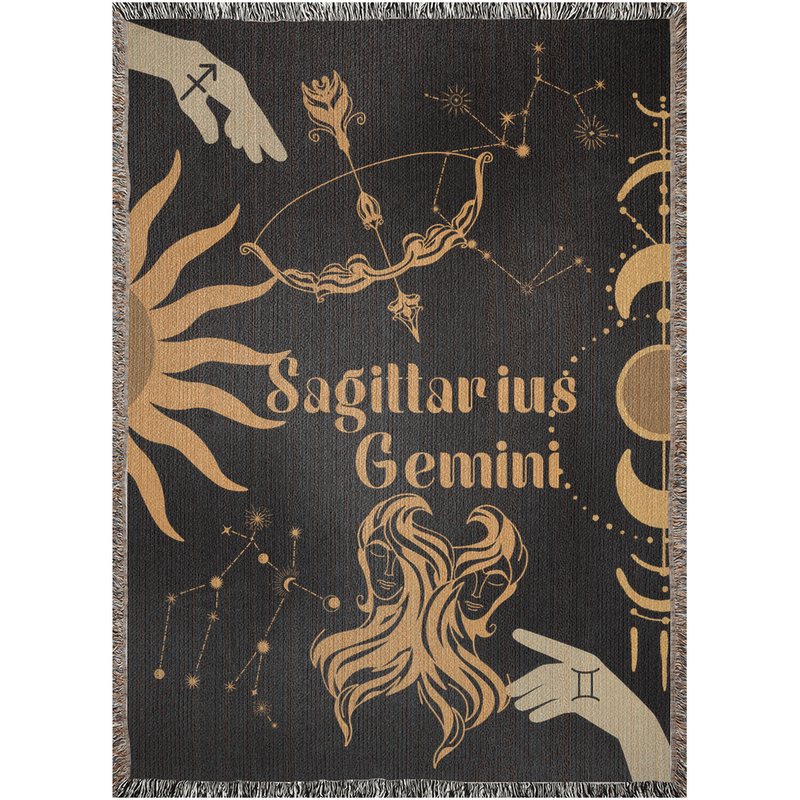 Gemini and Sagittarius Zodiac Compatibility Woven Throw Tapestry - Elevate home decor with this boho-inspired, celestial charm blanket. Perfect for astrology enthusiasts, featuring Gemini and Sagittarius sun signs, adding unique, artistic flair to your living space. Premium cotton, cozy, and decorative.