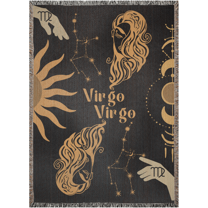 Virgo and Virgo Zodiac Compatibility Woven Throw Tapestry - Elevate home decor with this boho-inspired, celestial charm blanket. Perfect for astrology enthusiasts, featuring Virgo and Virgo sun signs, adding unique, artistic flair to your living space. Premium cotton, cozy, and decorative.