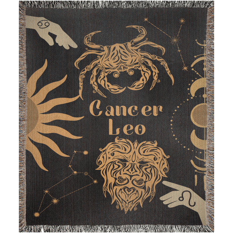 Cancer and Leo Zodiac Compatibility Woven Throw Tapestry - Elevate home decor with this boho-inspired, celestial charm blanket. Perfect for astrology enthusiasts, featuring Aries and Scorpio sun signs, adding unique, artistic flair to your living space. Premium cotton, cozy, and decorative.