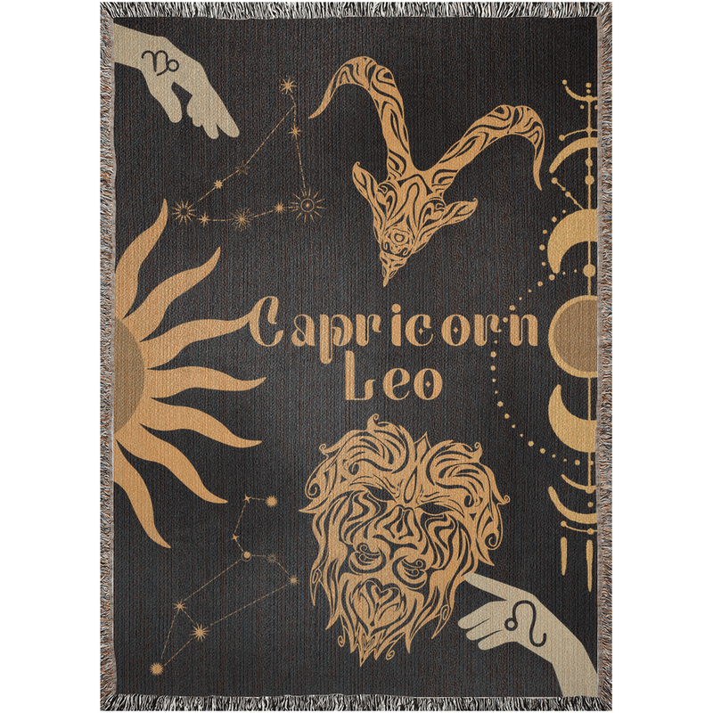 Capricorn and Leo Zodiac Compatibility Woven Throw Tapestry - Elevate home decor with this boho-inspired, celestial charm blanket. Perfect for astrology enthusiasts, featuring Capricorn and Leo sun signs, adding unique, artistic flair to your living space. Premium cotton, cozy, and decorative.