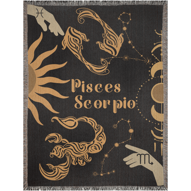 Pisces and Scorpio Zodiac Compatibility Woven Throw Tapestry - Elevate home decor with this boho-inspired, celestial charm blanket. Perfect for astrology enthusiasts, featuring Pisces and Scorpio sun signs, adding unique, artistic flair to your living space. Premium cotton, cozy, and 