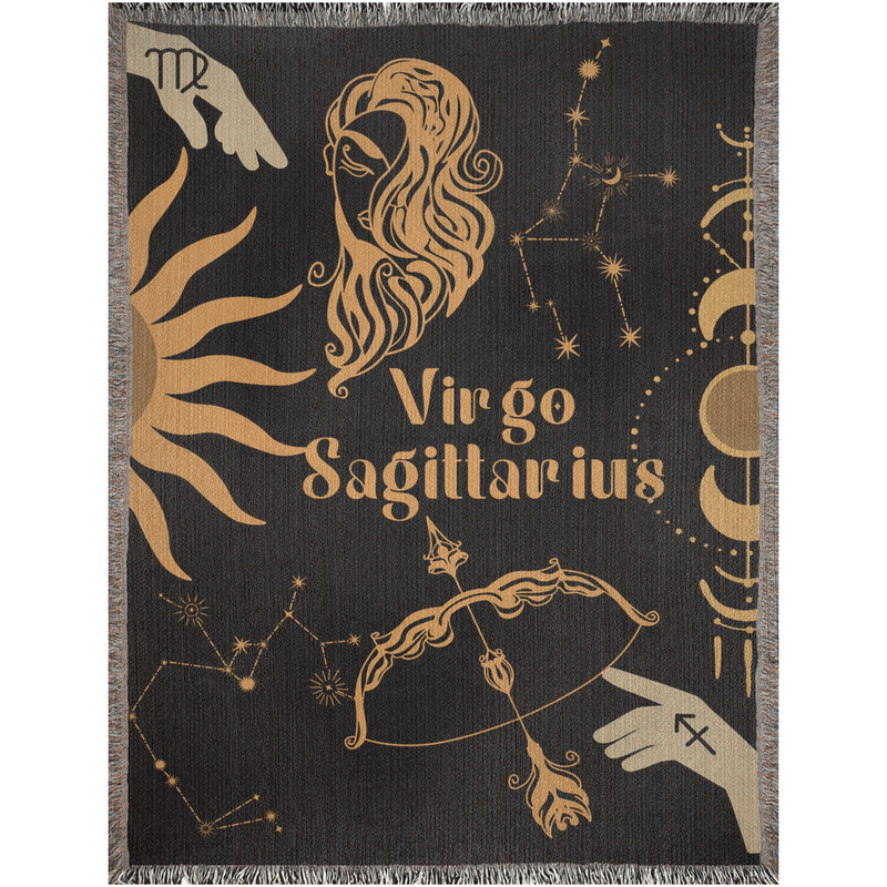 Virgo and Sagittarius Zodiac Compatibility Woven Throw Tapestry - Elevate home decor with this boho-inspired, celestial charm blanket. Perfect for astrology enthusiasts, featuring Virgo and Sagittarius sun signs, adding unique, artistic flair to your living space. Premium cotton, cozy, and decorative.